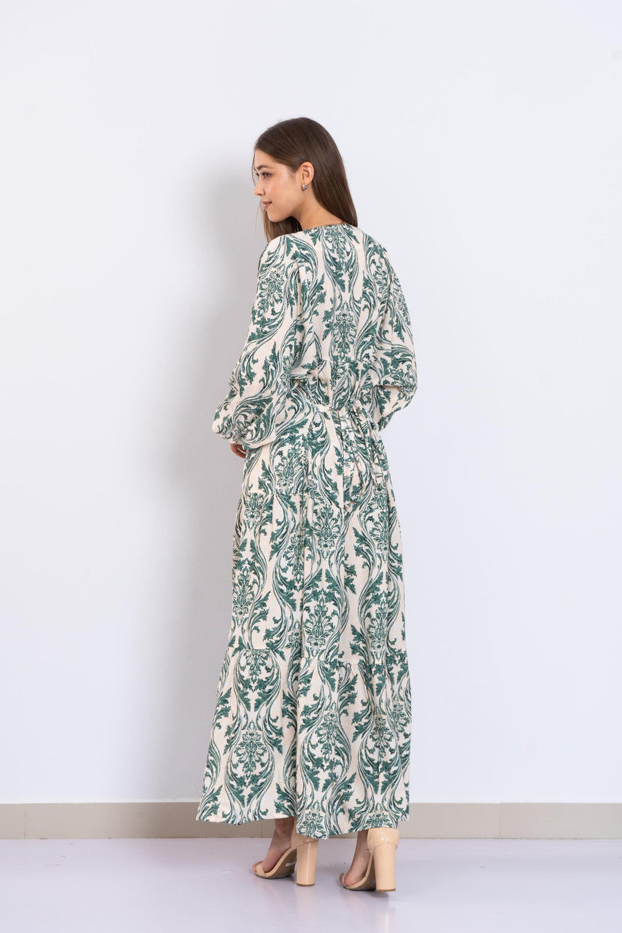 Classy Green Print Viscose Maxi Dress – Puffy Sleeve Boho Dress for Women – Lightweight Flowy Long Dress – Casual Summer Resort Outfit