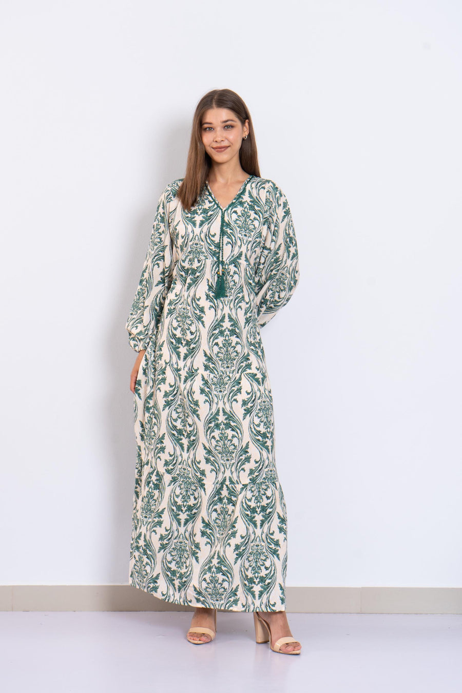 Classy Green Print Viscose Maxi Dress – Puffy Sleeve Boho Dress for Women – Lightweight Flowy Long Dress – Casual Summer Resort Outfit