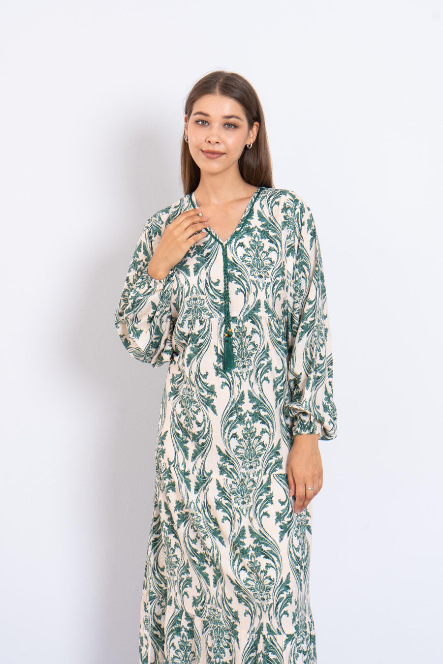 Classy Green Print Viscose Maxi Dress – Puffy Sleeve Boho Dress for Women – Lightweight Flowy Long Dress – Casual Summer Resort Outfit