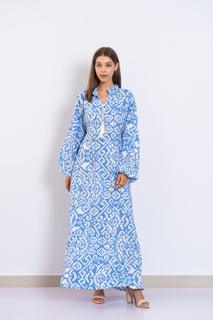 Blue and White Viscose Maxi Dress – Geometric Print Long Dress with Puffy Sleeves – Lightweight Boho Resort Wear – Summer Caftan Look