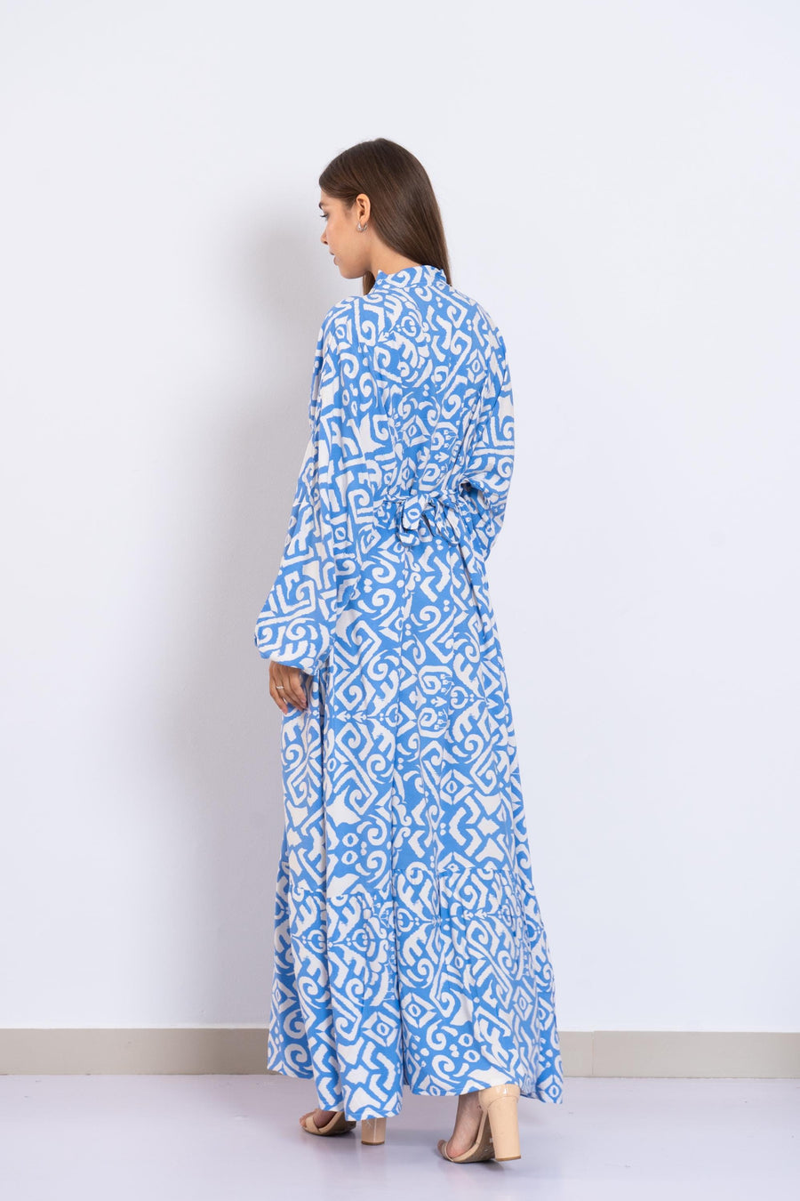 Blue and White Viscose Maxi Dress – Geometric Print Long Dress with Puffy Sleeves – Lightweight Boho Resort Wear – Summer Caftan Look