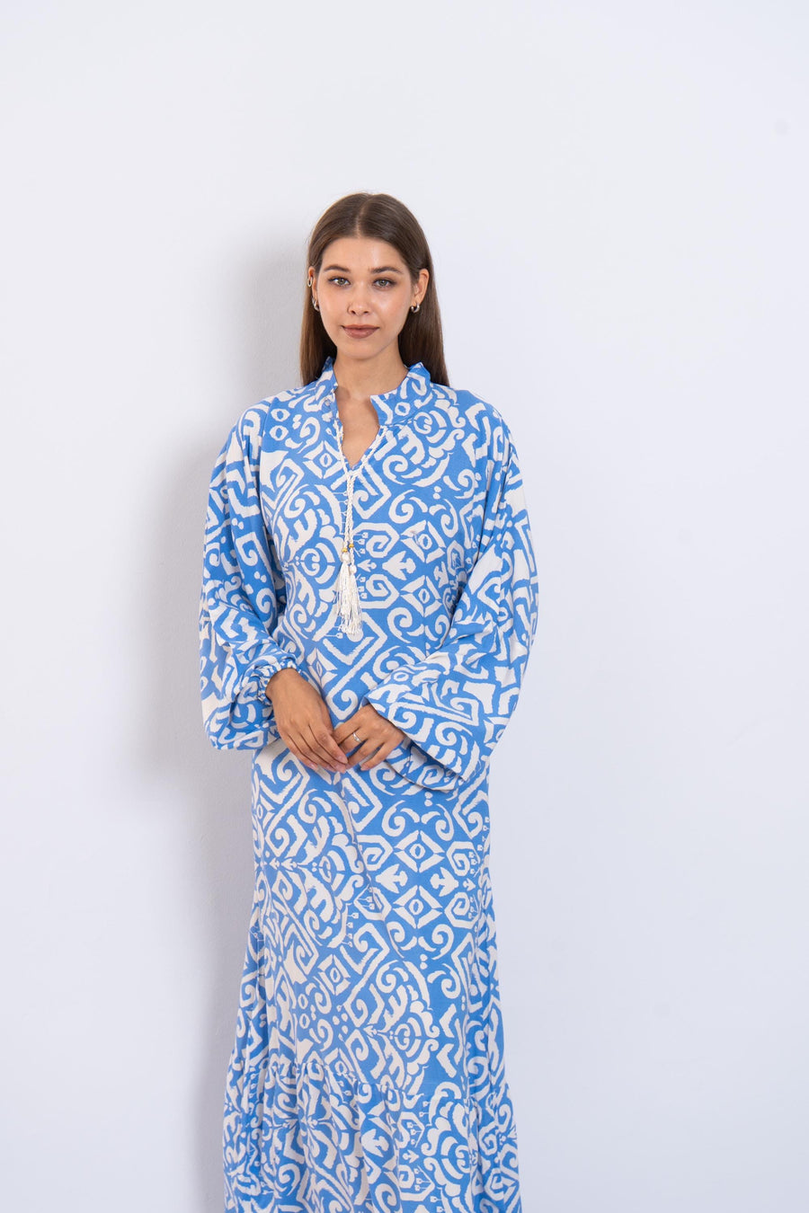 Blue and White Viscose Maxi Dress – Geometric Print Long Dress with Puffy Sleeves – Lightweight Boho Resort Wear – Summer Caftan Look
