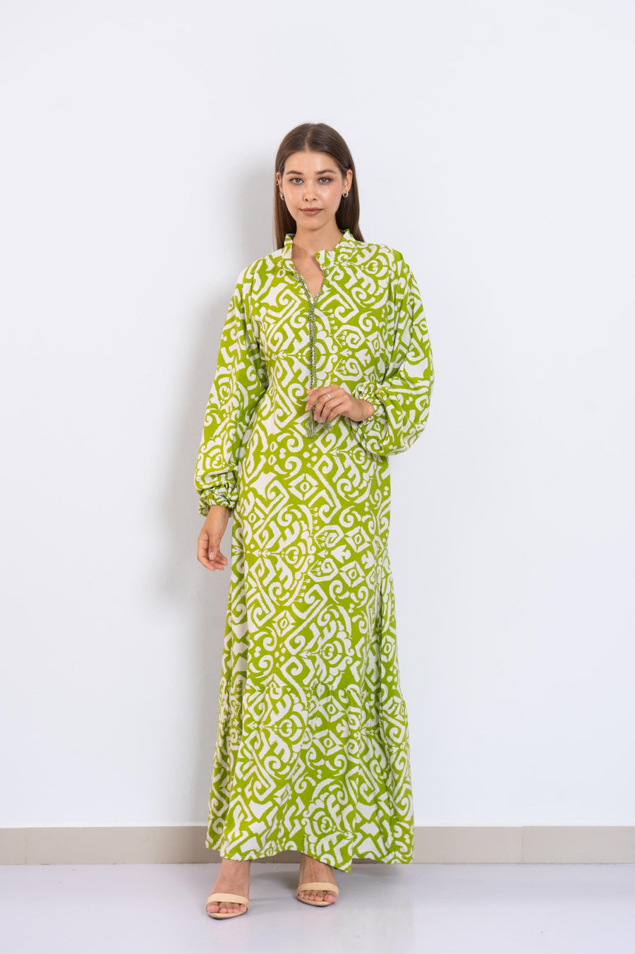 Green and White Viscose Maxi Dress – Geometric Print Long Dress with Puffy Sleeves – Lightweight Boho Resort Wear – Summer Caftan Look