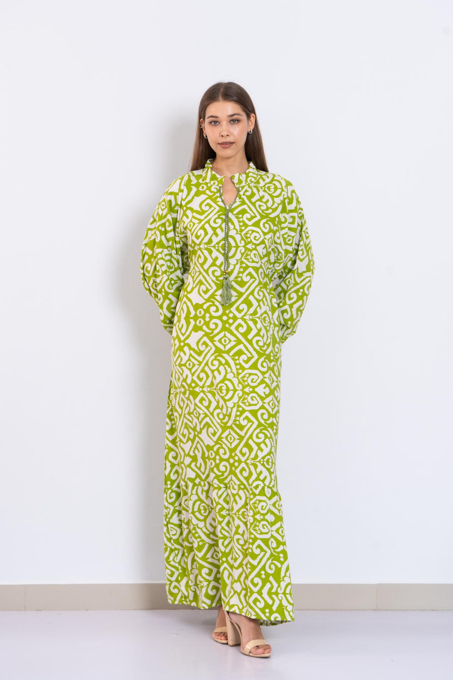 Green and White Viscose Maxi Dress – Geometric Print Long Dress with Puffy Sleeves – Lightweight Boho Resort Wear – Summer Caftan Look