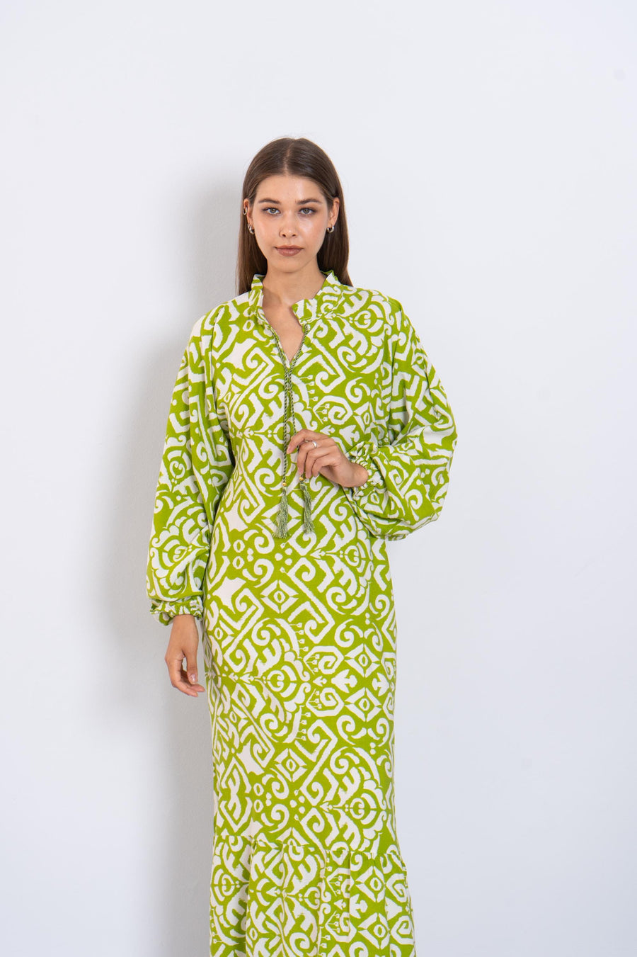 Green and White Viscose Maxi Dress – Geometric Print Long Dress with Puffy Sleeves – Lightweight Boho Resort Wear – Summer Caftan Look