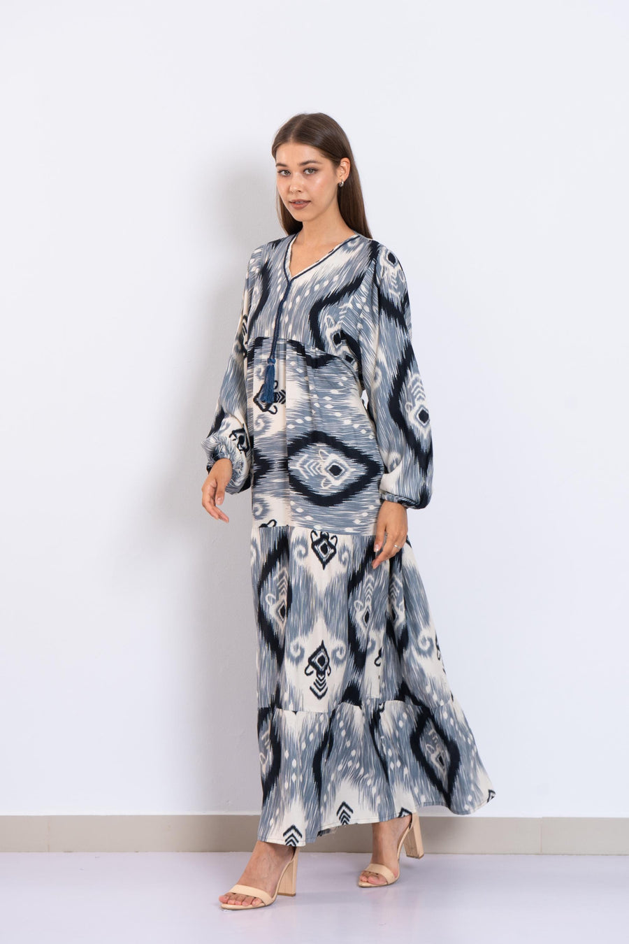 Navy Blue Ikat Viscose Maxi Dress – Boho Long Dress with Puffy Sleeves – Lightweight Flowy Tiered Dress – Summer Resort Wear for Women