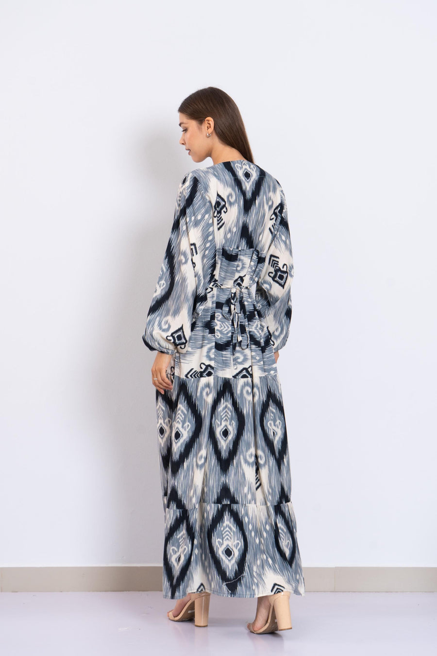 Navy Blue Ikat Viscose Maxi Dress – Boho Long Dress with Puffy Sleeves – Lightweight Flowy Tiered Dress – Summer Resort Wear for Women