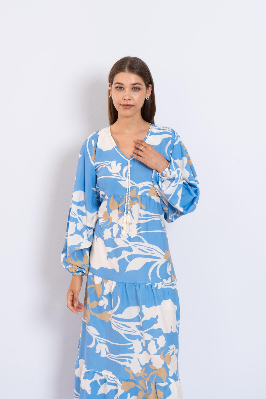 Blue Floral Viscose Maxi Dress – Puffy Sleeve Boho Dress for Women – Lightweight Spring Summer Outfit – Tiered Flowy Resort Style Dress