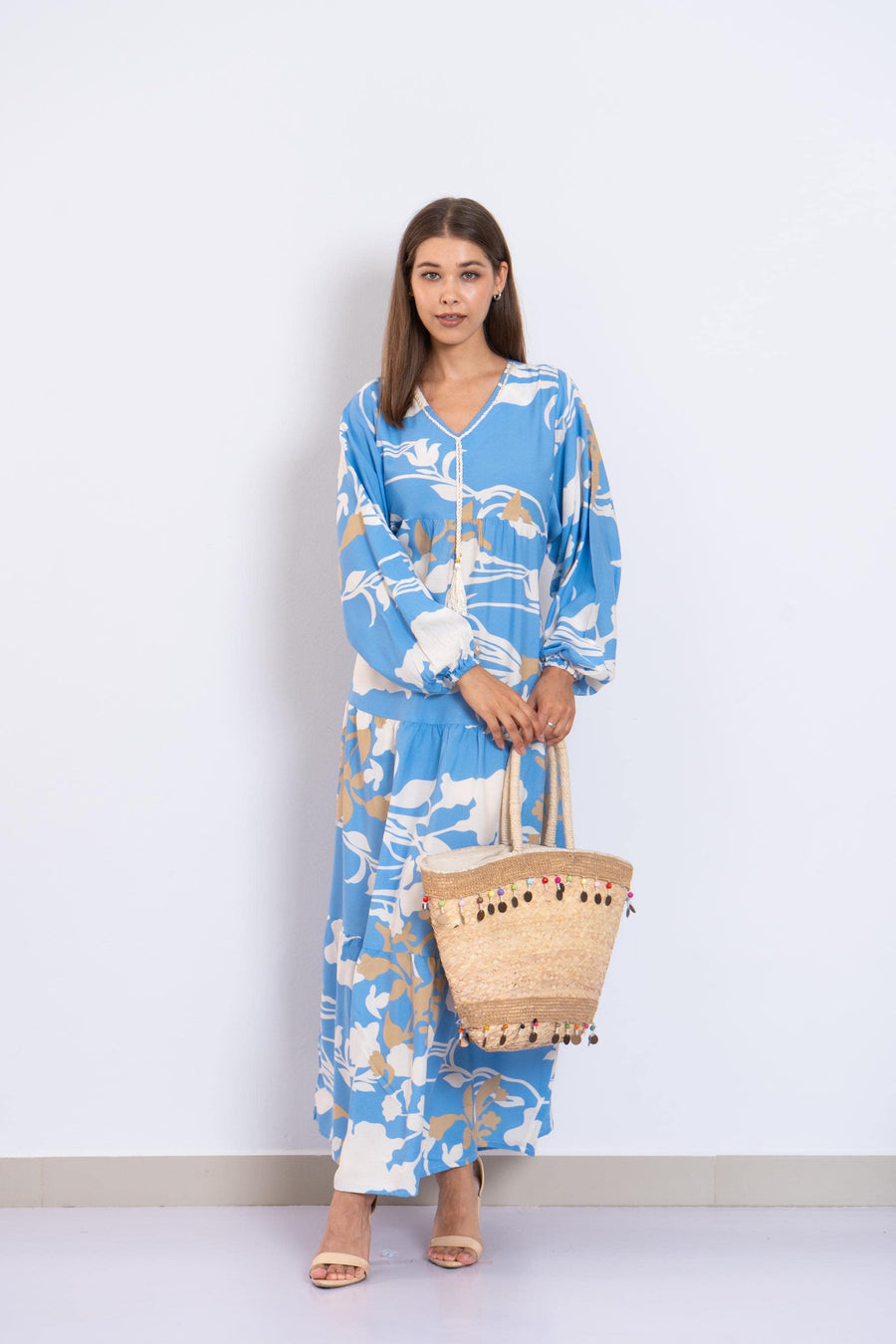 Blue Floral Viscose Maxi Dress – Puffy Sleeve Boho Dress for Women – Lightweight Spring Summer Outfit – Tiered Flowy Resort Style Dress