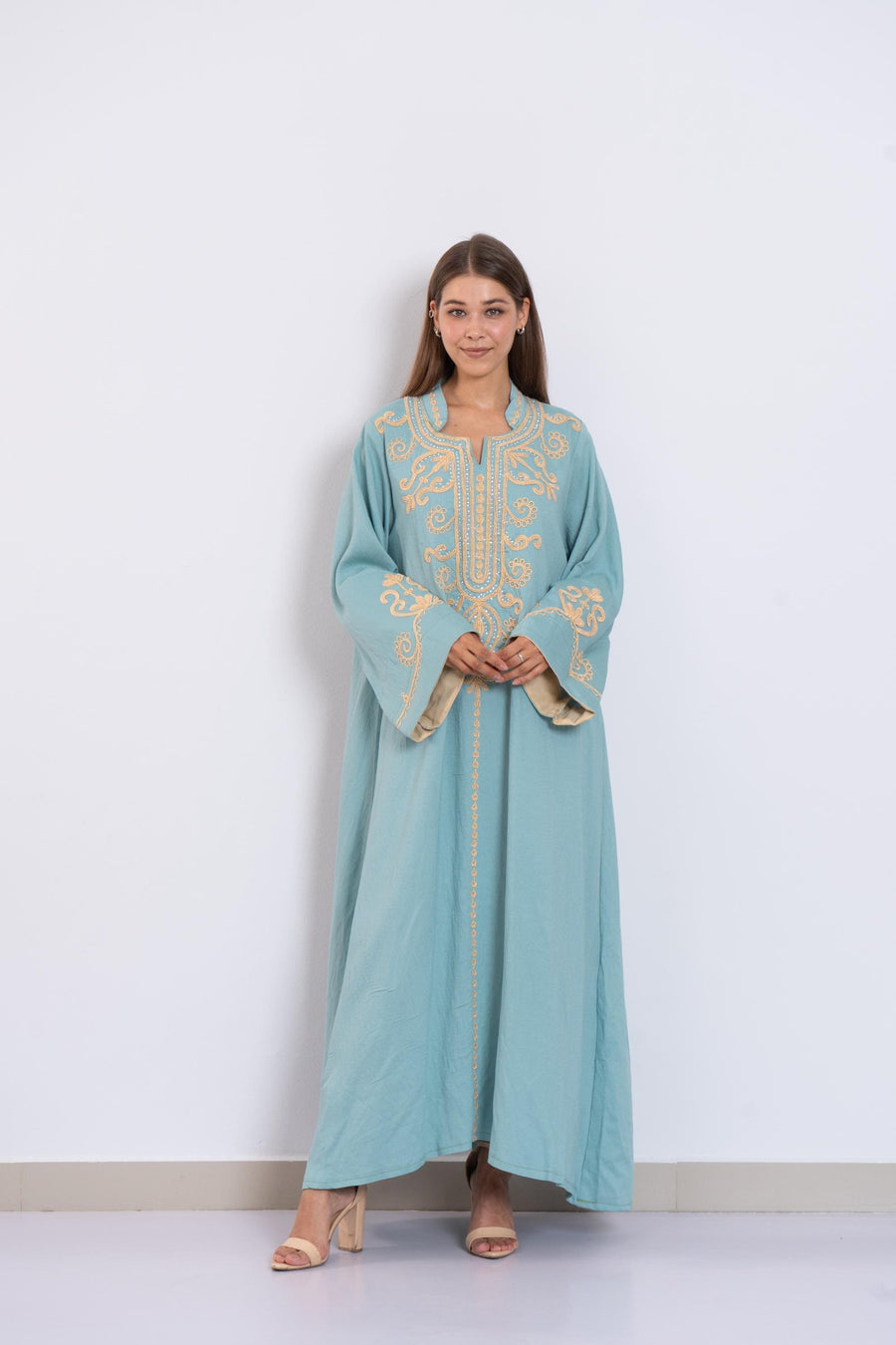 Turquoise Hand Embroidered Kaftan Dress – Crystal Embellished Caftan for Women – Long Sleeve Caftan – Elegant Moroccan Style Caftan