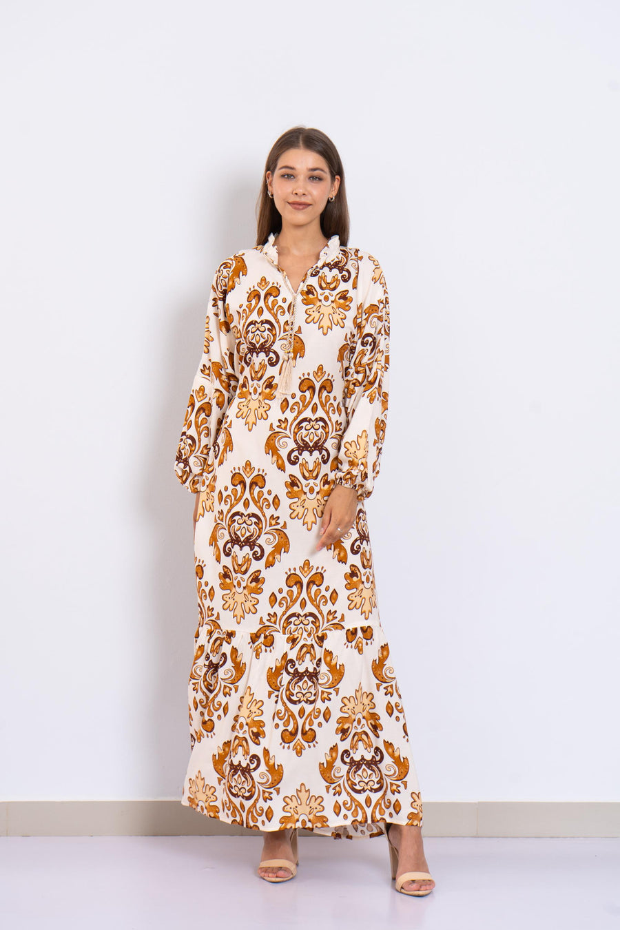 Stunning Cream Print Viscose Maxi Dress – Puffy Sleeve Long Dress for Women – Small Collar Boho Style – Lightweight Flowy Summer Outfit