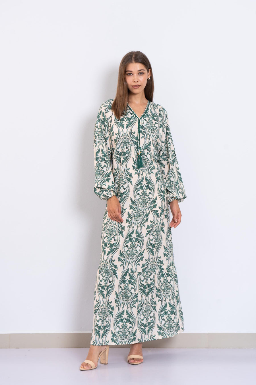 Classy Green Print Viscose Maxi Dress – Puffy Sleeve Boho Dress for Women – Lightweight Flowy Long Dress – Casual Summer Resort Outfit