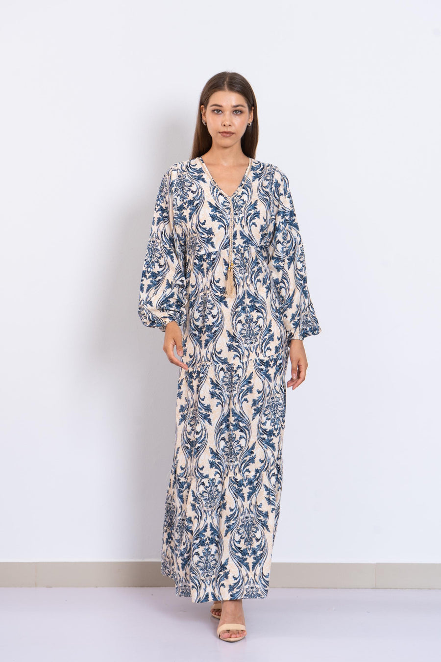 Blue Print Viscose Maxi Dress – Puffy Sleeve Boho Dress for Women – Lightweight Flowy Long Dress – Casual Summer Resort Outfit