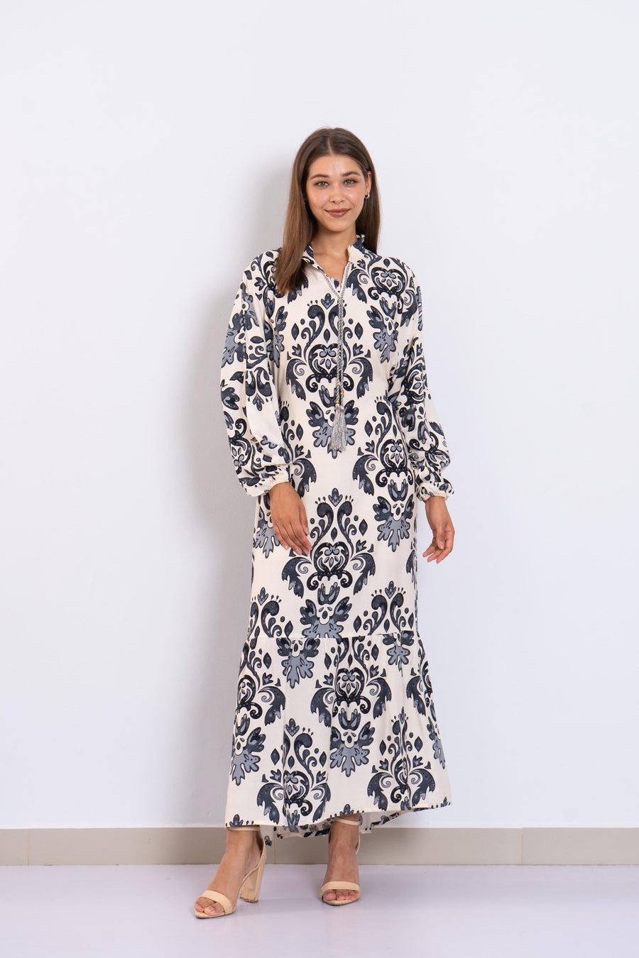 Stunning Grey Print Viscose Maxi Dress – Puffy Sleeve Long Dress for Women – Small Collar Boho Style – Lightweight Flowy Summer Outfit