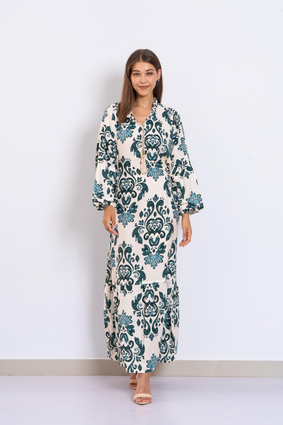 Teal Print Viscose Maxi Dress – Puffy Sleeve Long Dress for Women – Small Collar Boho Style – Lightweight Flowy Summer Outfit