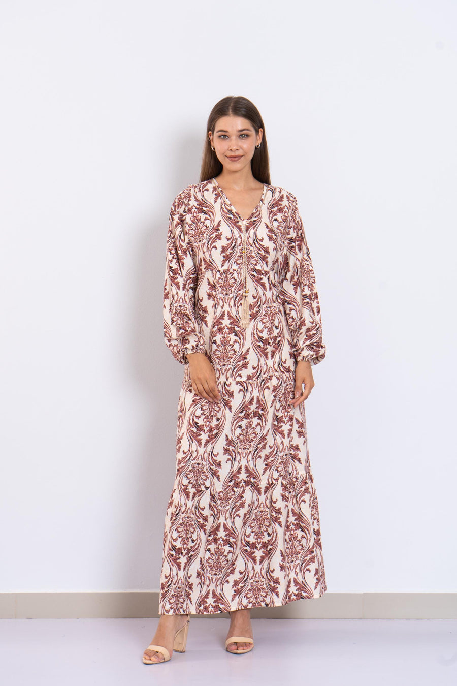 Cream Print Viscose Maxi Dress – Puffy Sleeve Boho Dress for Women – Lightweight Flowy Long Dress – Casual Summer Resort Outfit