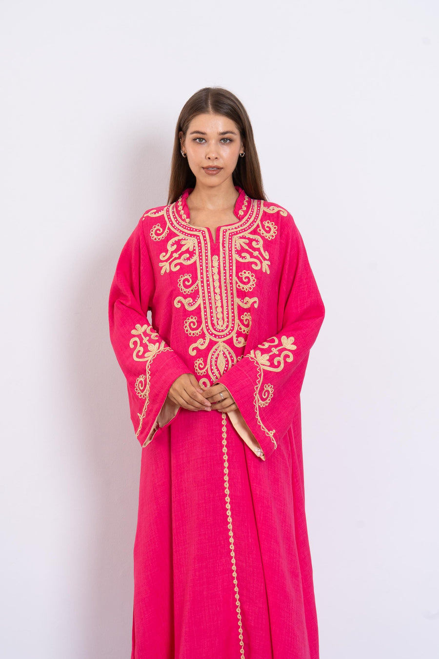 Fuchsia Hand Embroidered Kaftan Dress – Crystal Embellished Caftan for Women – Long Sleeve Caftan – Elegant Moroccan Style Caftan