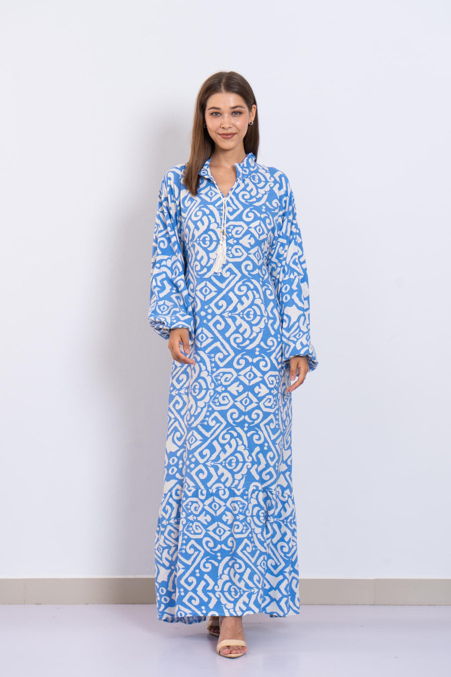 Blue and White Viscose Maxi Dress – Geometric Print Long Dress with Puffy Sleeves – Lightweight Boho Resort Wear – Summer Caftan Look