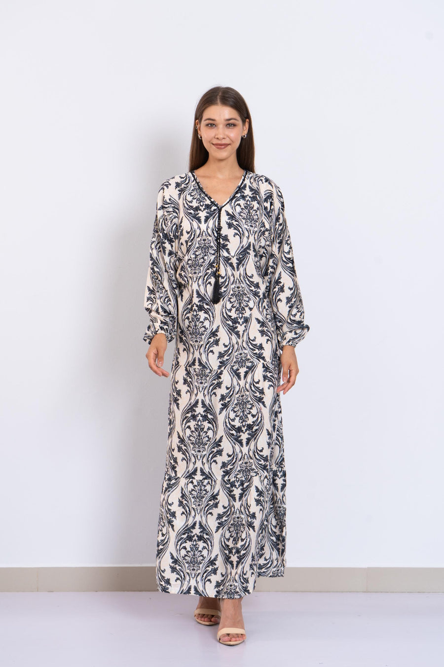 Black Print Viscose Maxi Dress – Puffy Sleeve Boho Dress for Women – Lightweight Flowy Long Dress – Casual Summer Resort Outfit