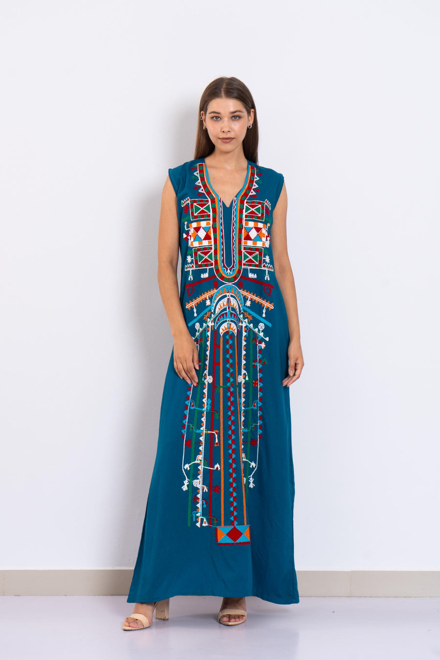 Bohemian Petroleum sleeveless Siwa embroidered caftan, embroidered Caftan dress, Caftan maxi dress, Caftans for women, Cotton caftans summer
