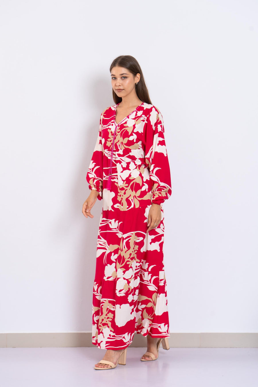Fuchsia Floral Viscose Maxi Dress – Puffy Sleeve Boho Dress for Women – Lightweight Spring Summer Outfit – Tiered Flowy Resort Style Dress