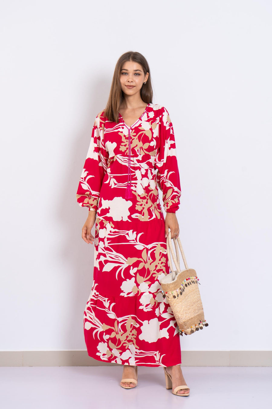 Fuchsia Floral Viscose Maxi Dress – Puffy Sleeve Boho Dress for Women – Lightweight Spring Summer Outfit – Tiered Flowy Resort Style Dress