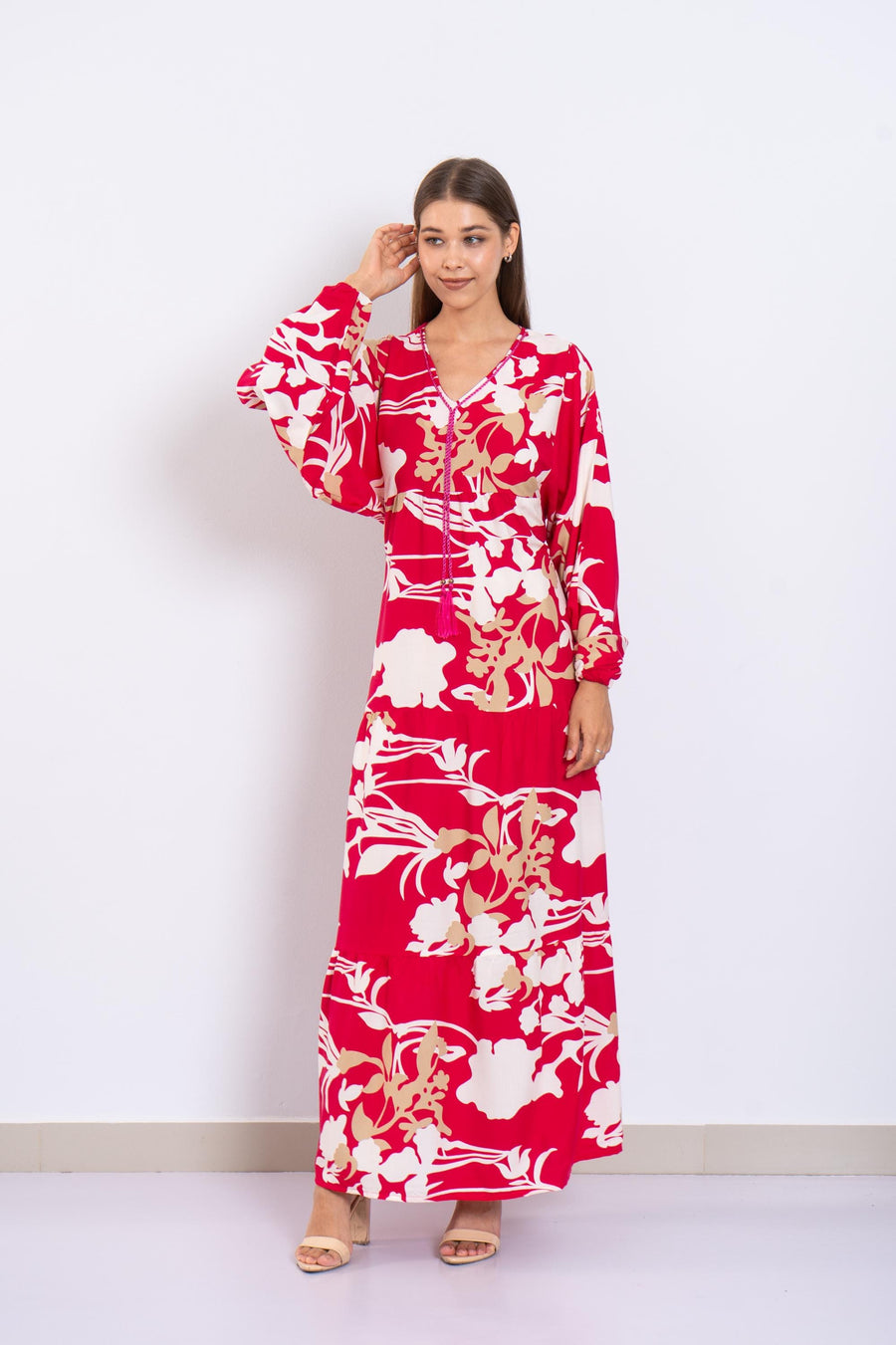 Fuchsia Floral Viscose Maxi Dress – Puffy Sleeve Boho Dress for Women – Lightweight Spring Summer Outfit – Tiered Flowy Resort Style Dress