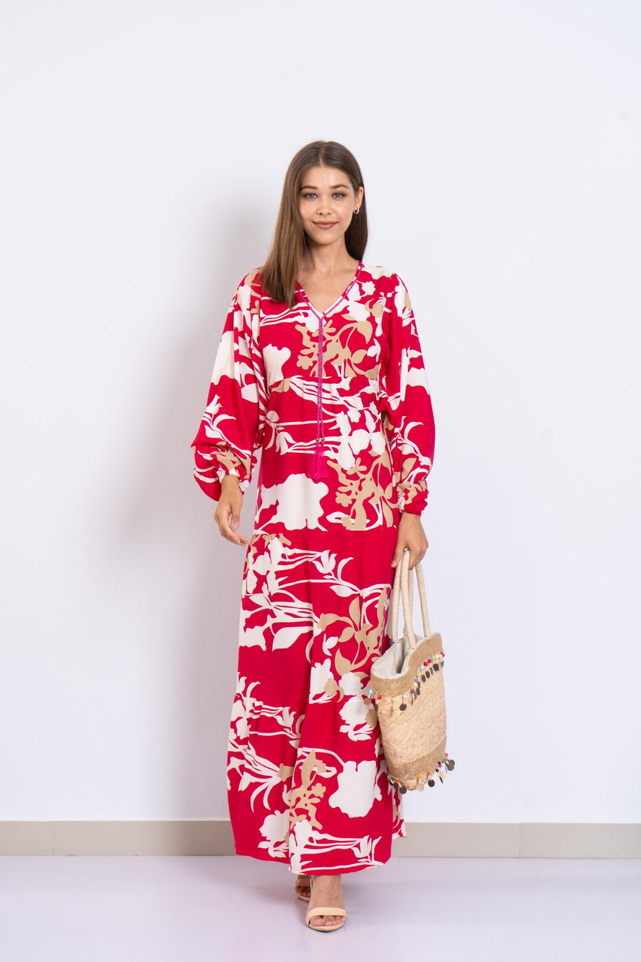 Fuchsia Floral Viscose Maxi Dress – Puffy Sleeve Boho Dress for Women – Lightweight Spring Summer Outfit – Tiered Flowy Resort Style Dress