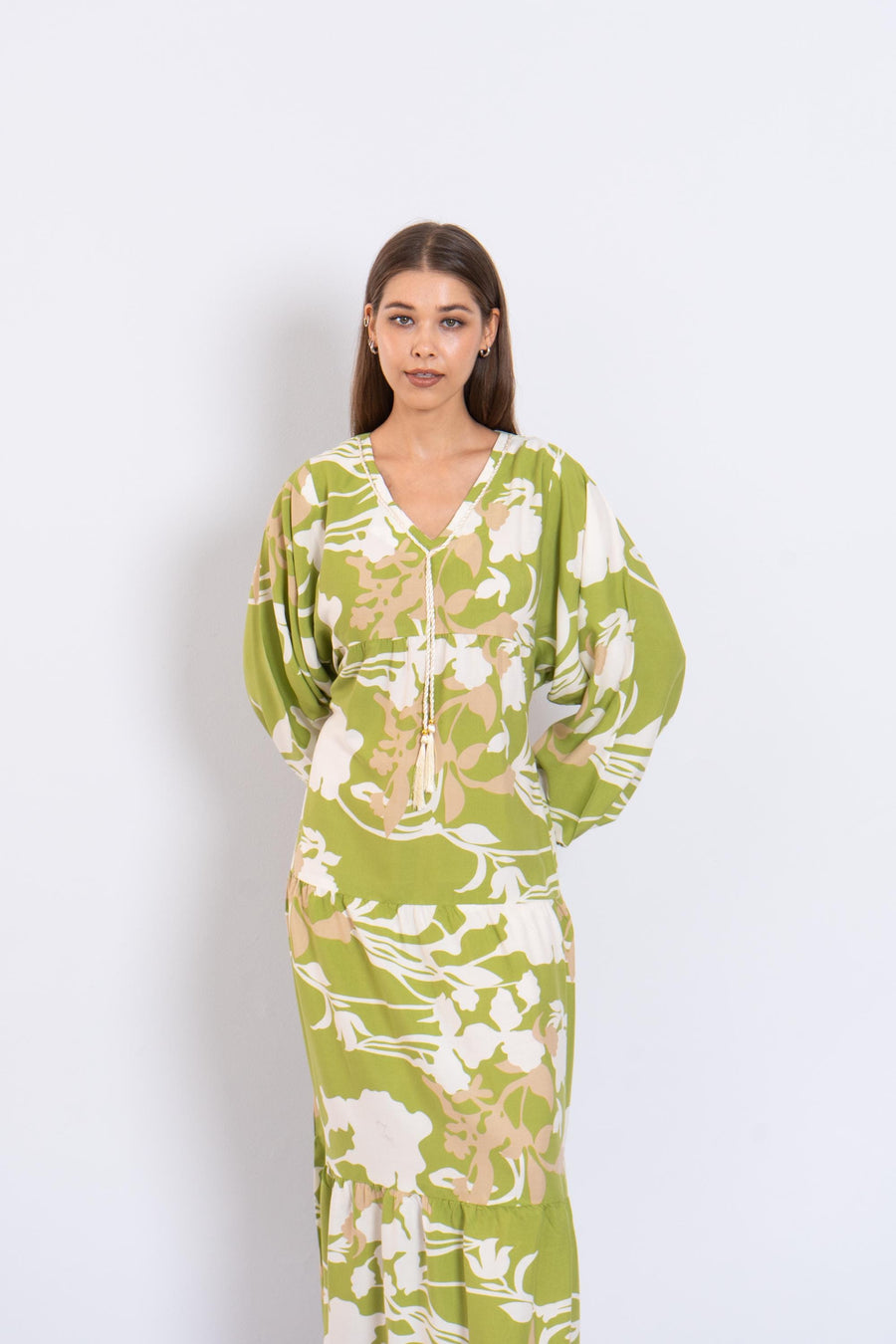 Green Floral Viscose Maxi Dress – Puffy Sleeve Boho Dress for Women – Lightweight Spring Summer Outfit – Tiered Flowy Resort Style Dress