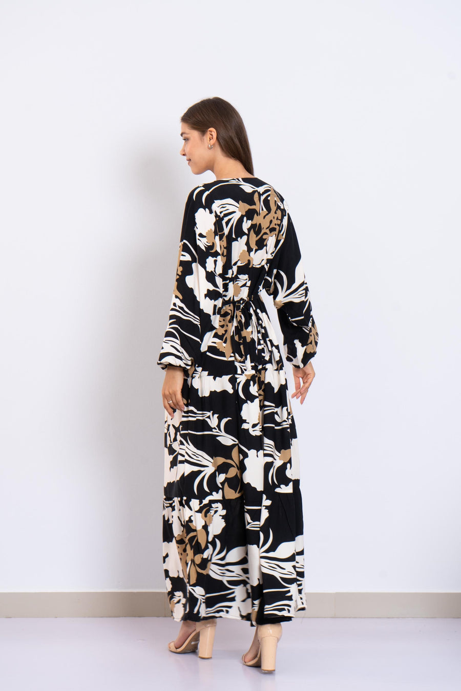 Black Floral Viscose Maxi Dress – Puffy Sleeve Boho Dress for Women – Lightweight Spring Summer Outfit – Tiered Flowy Resort Style Dress