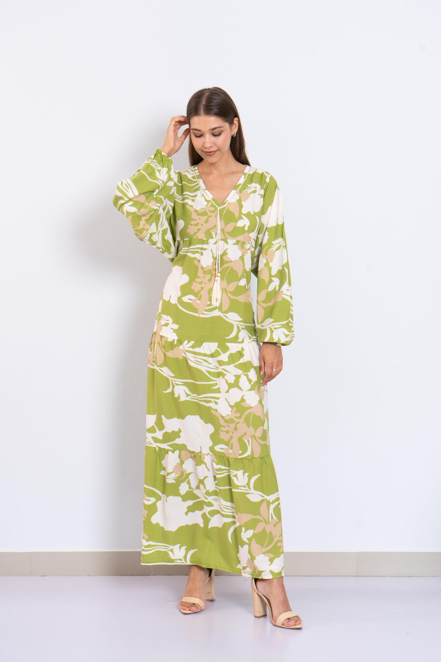 Green Floral Viscose Maxi Dress – Puffy Sleeve Boho Dress for Women – Lightweight Spring Summer Outfit – Tiered Flowy Resort Style Dress