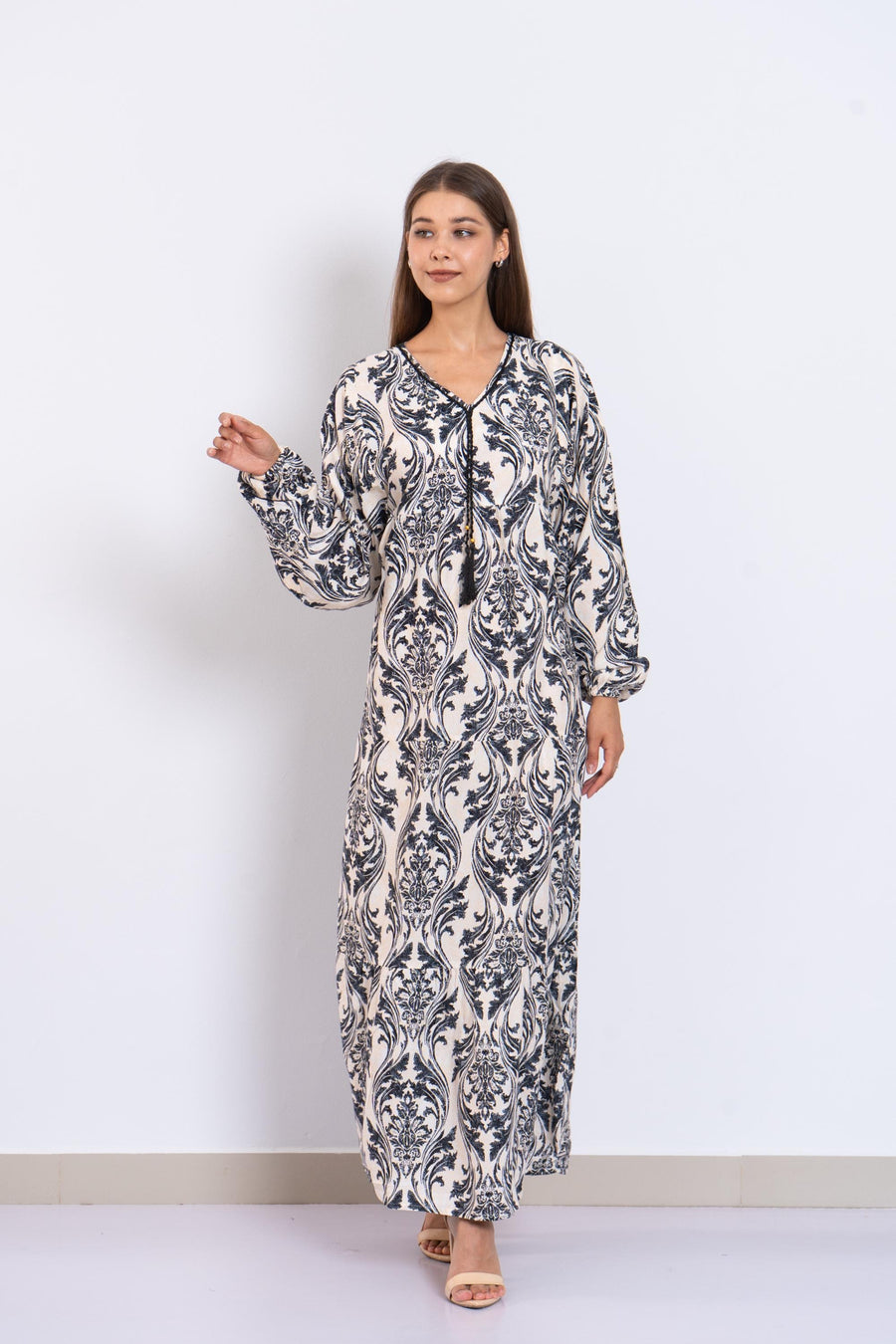 Black Print Viscose Maxi Dress – Puffy Sleeve Boho Dress for Women – Lightweight Flowy Long Dress – Casual Summer Resort Outfit