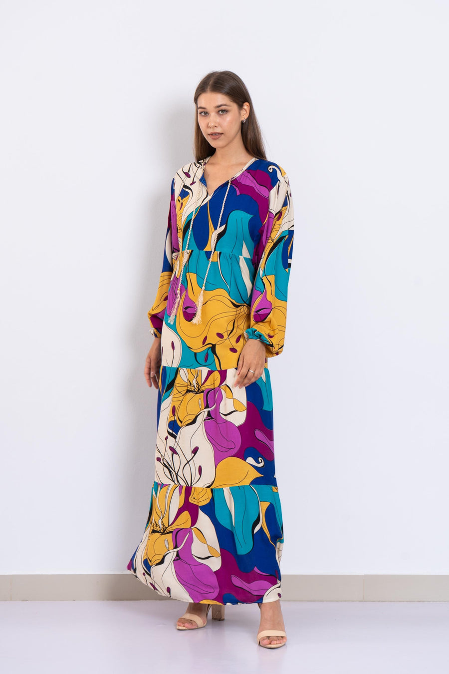 Colorful Abstract Floral Maxi Dress – Viscose Tiered Dress with Puffy Sleeves – Boho Resort Wear for Women – Flowy Summer Long Dress