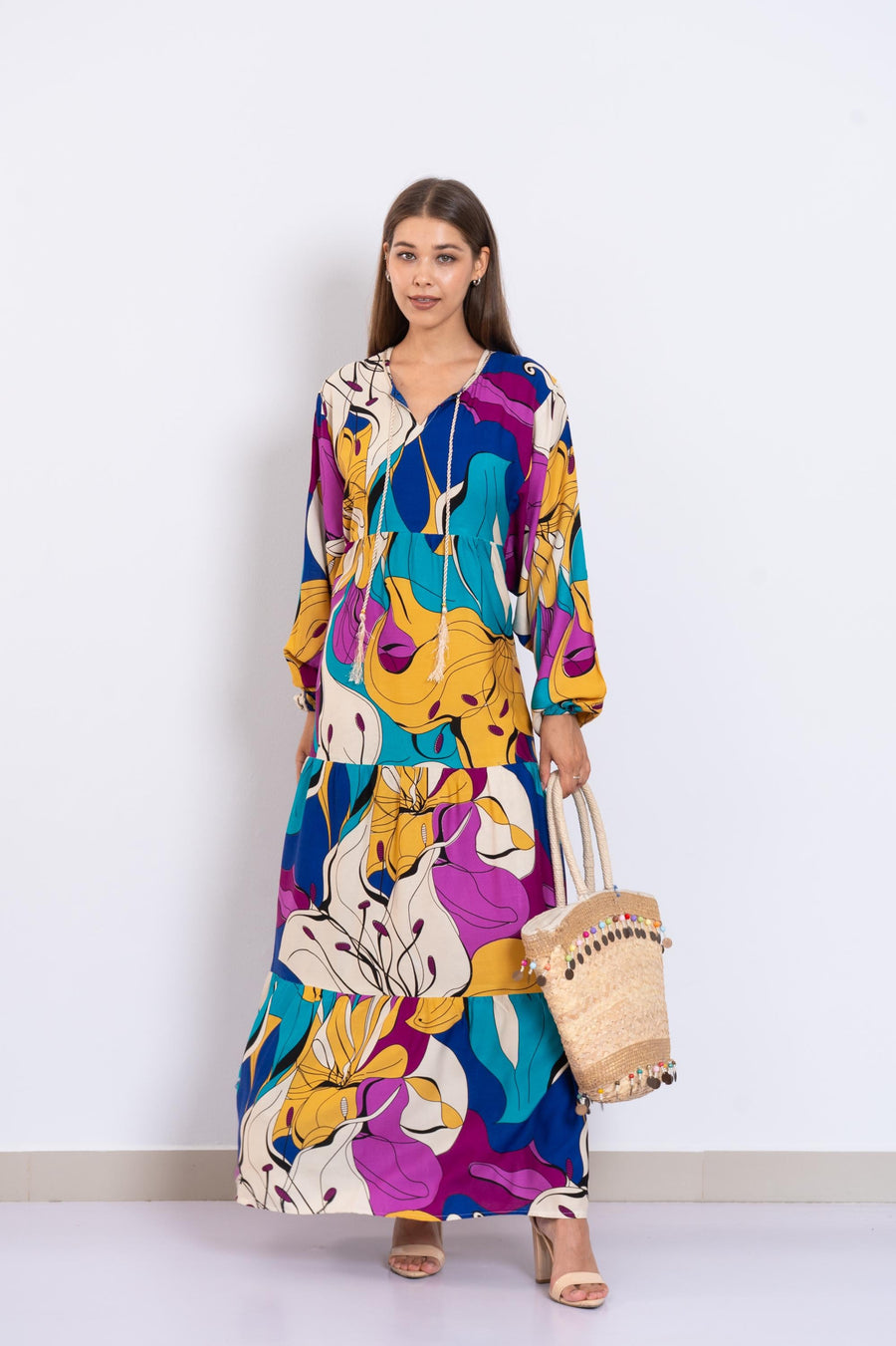Colorful Abstract Floral Maxi Dress – Viscose Tiered Dress with Puffy Sleeves – Boho Resort Wear for Women – Flowy Summer Long Dress
