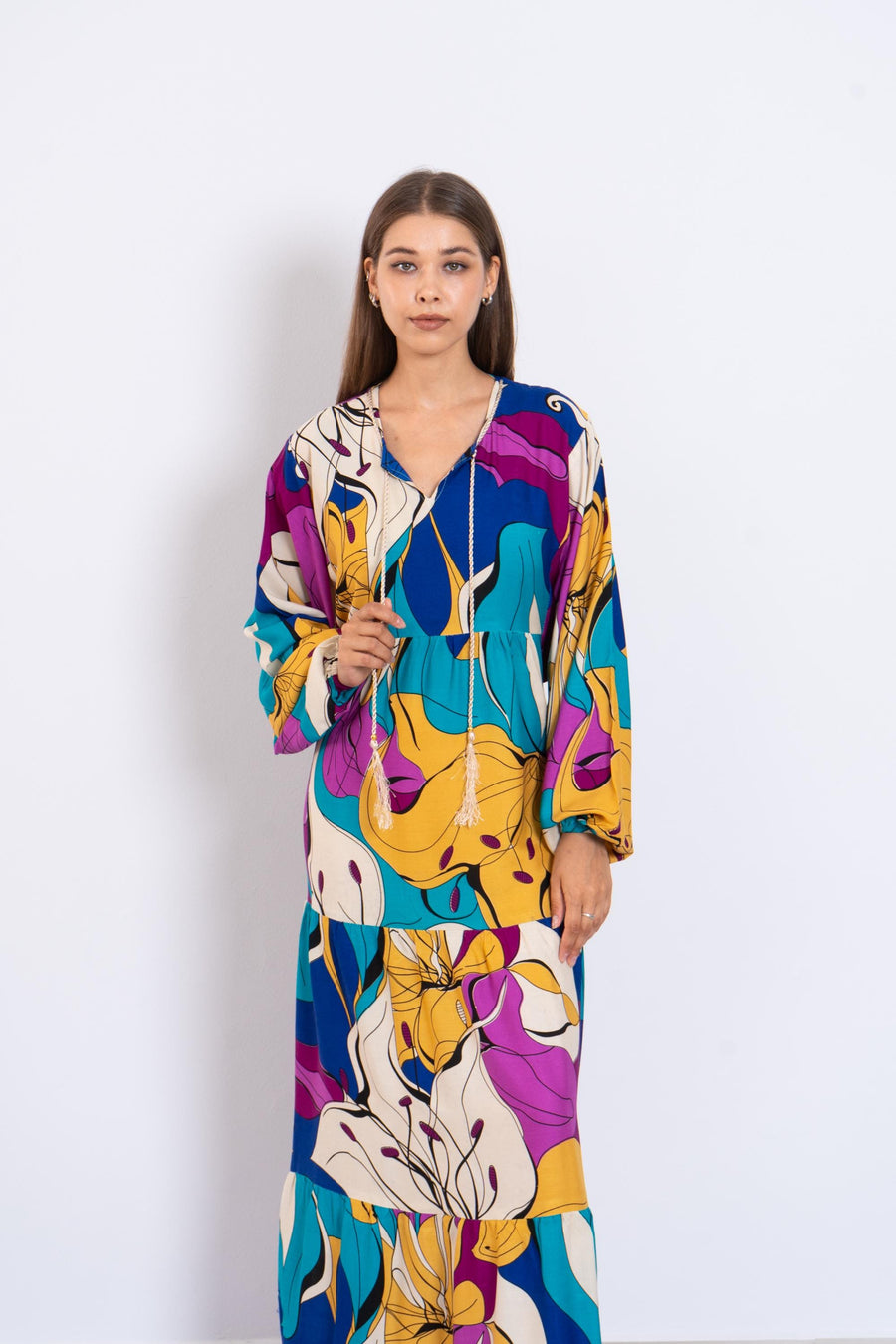 Colorful Abstract Floral Maxi Dress – Viscose Tiered Dress with Puffy Sleeves – Boho Resort Wear for Women – Flowy Summer Long Dress