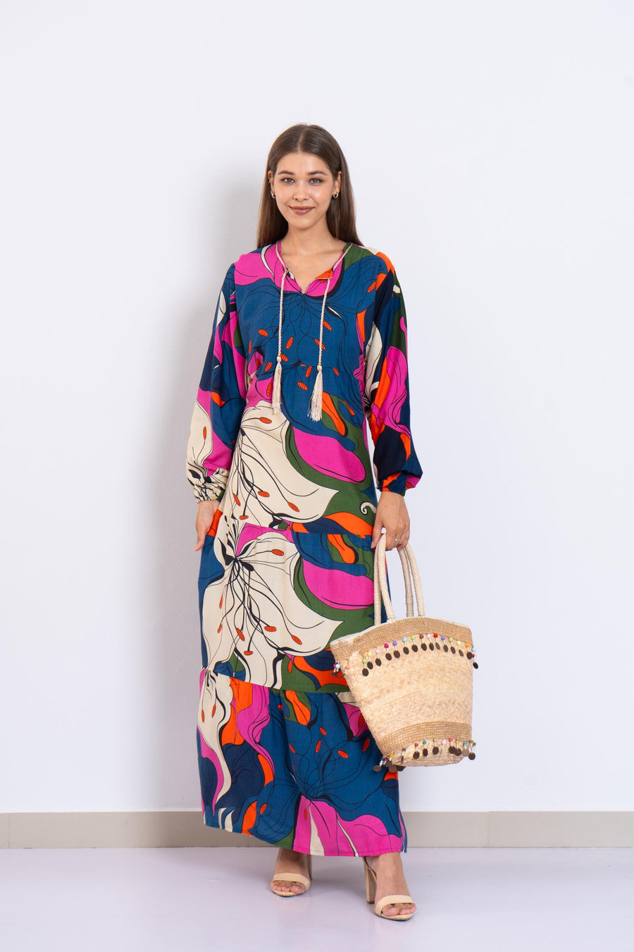 Colorful Abstract Floral Maxi Dress – Viscose Tiered Dress with Puffy Sleeves – Boho Resort Wear for Women – Flowy Summer Long Dress