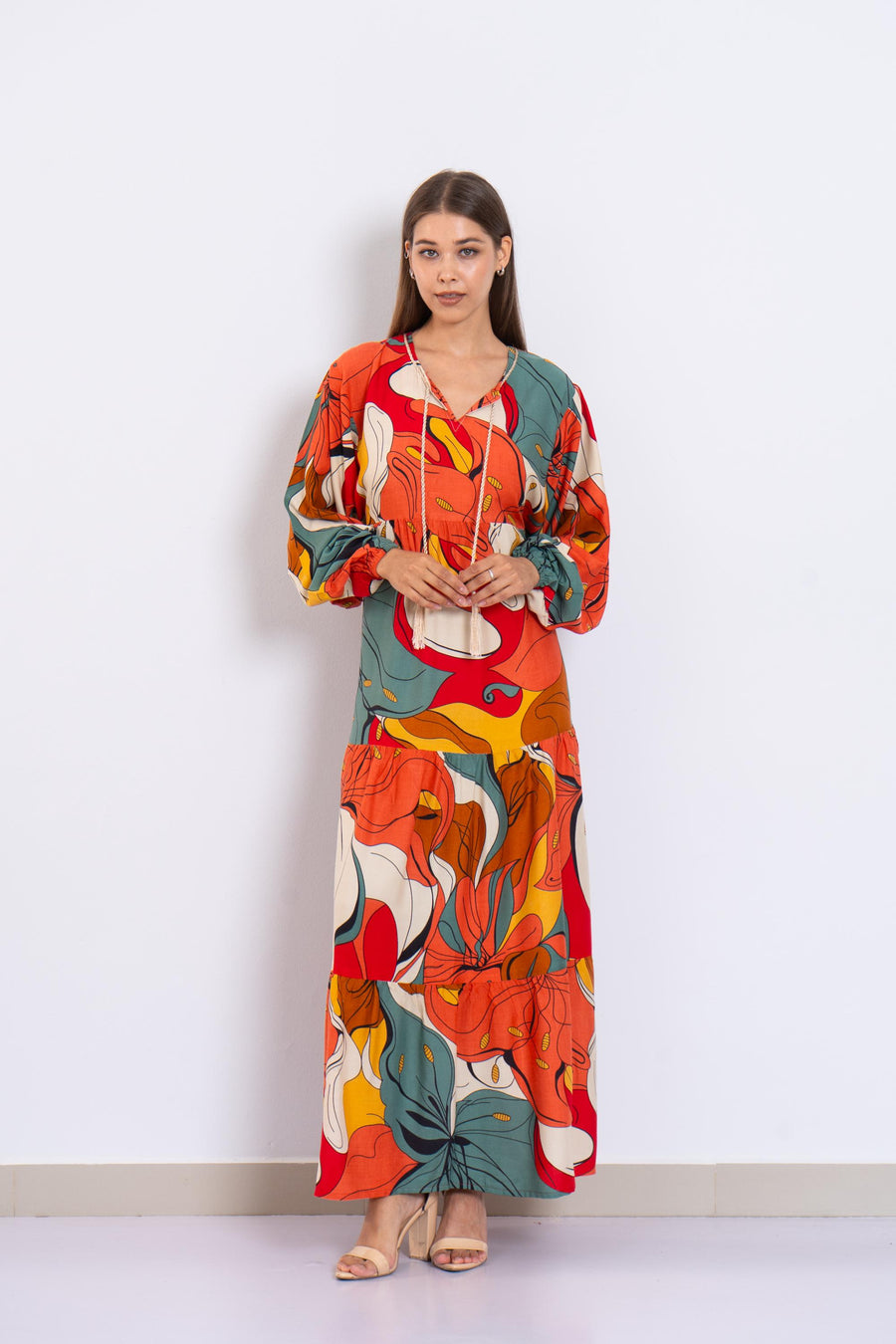 Colorful Abstract Floral Maxi Dress – Viscose Tiered Dress with Puffy Sleeves – Boho Resort Wear for Women – Flowy Summer Long Dress