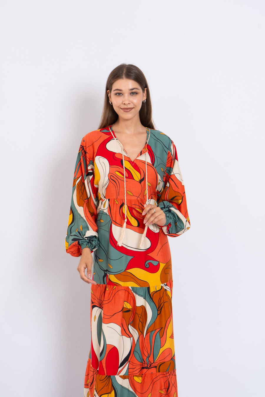 Colorful Abstract Floral Maxi Dress – Viscose Tiered Dress with Puffy Sleeves – Boho Resort Wear for Women – Flowy Summer Long Dress