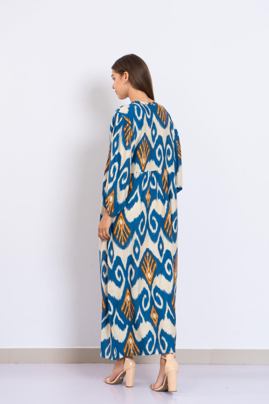Chic Blue and Mustard Ikat Maxi Dress – Viscose Boho Dress with Puffy Sleeves – Lightweight Flowy Dress for Women – Summer Resort Outfit