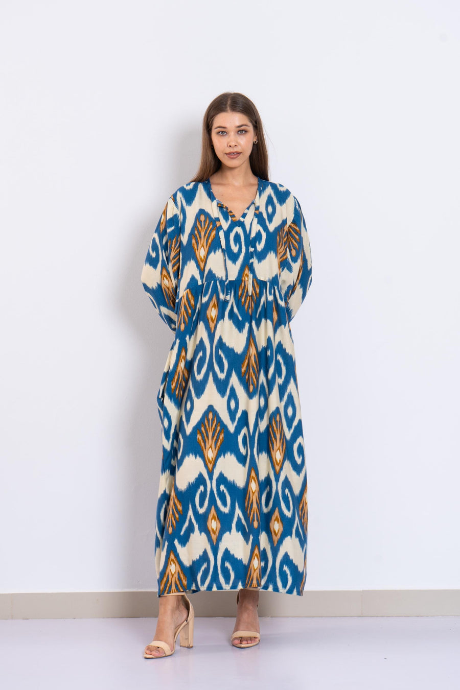 Chic Blue and Mustard Ikat Maxi Dress – Viscose Boho Dress with Puffy Sleeves – Lightweight Flowy Dress for Women – Summer Resort Outfit