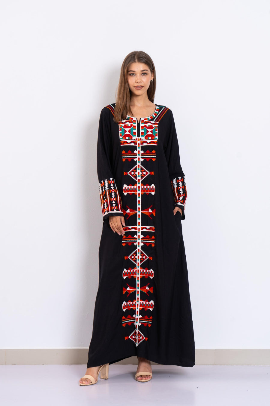 Black Siwa Embroidered Kaftan Dress – Egyptian Cotton Caftan with Pockets – Long Sleeve Caftan for women – Egyptian Boho Tribal Kaftan
