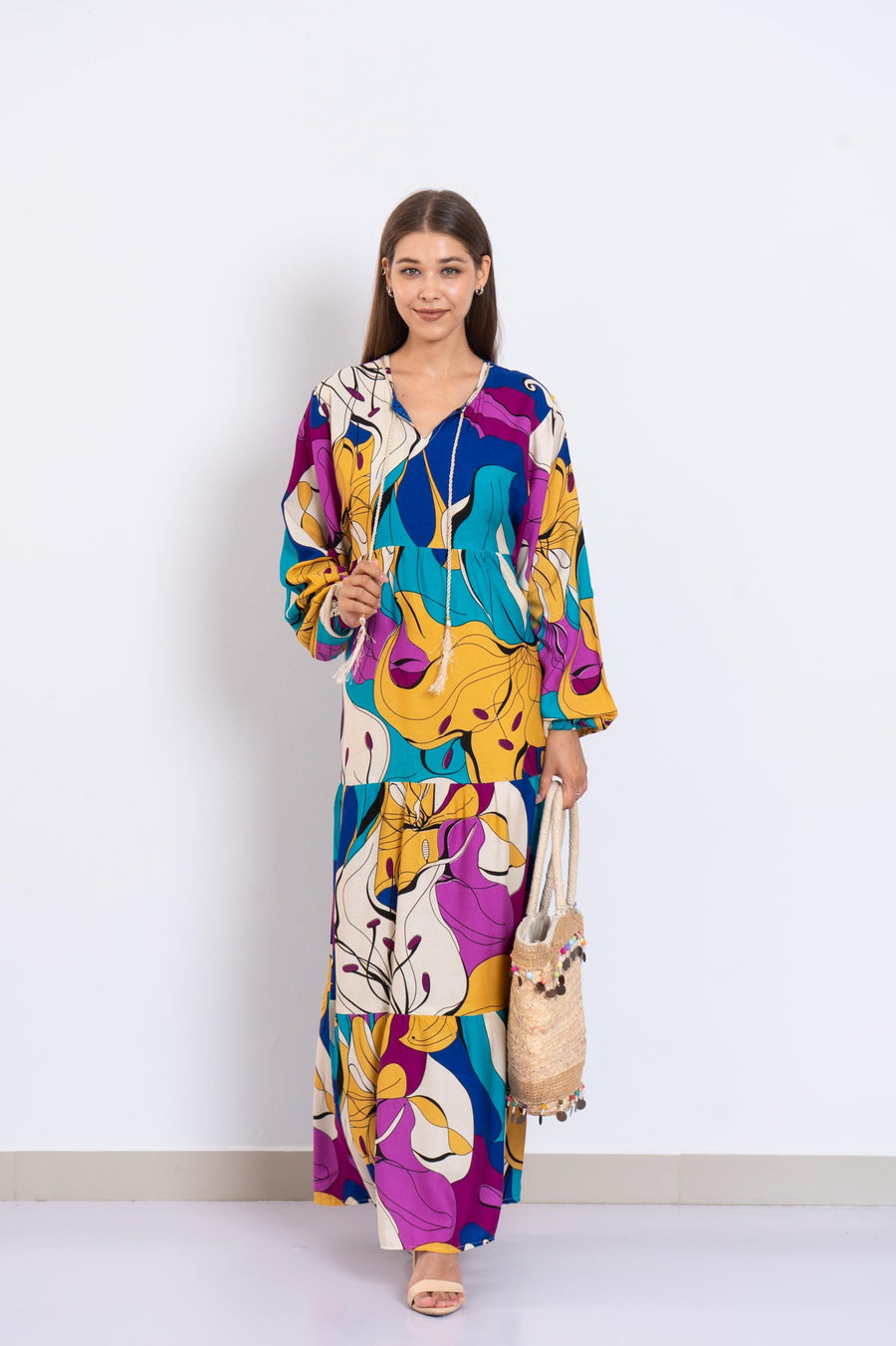 Colorful Abstract Floral Maxi Dress – Viscose Tiered Dress with Puffy Sleeves – Boho Resort Wear for Women – Flowy Summer Long Dress