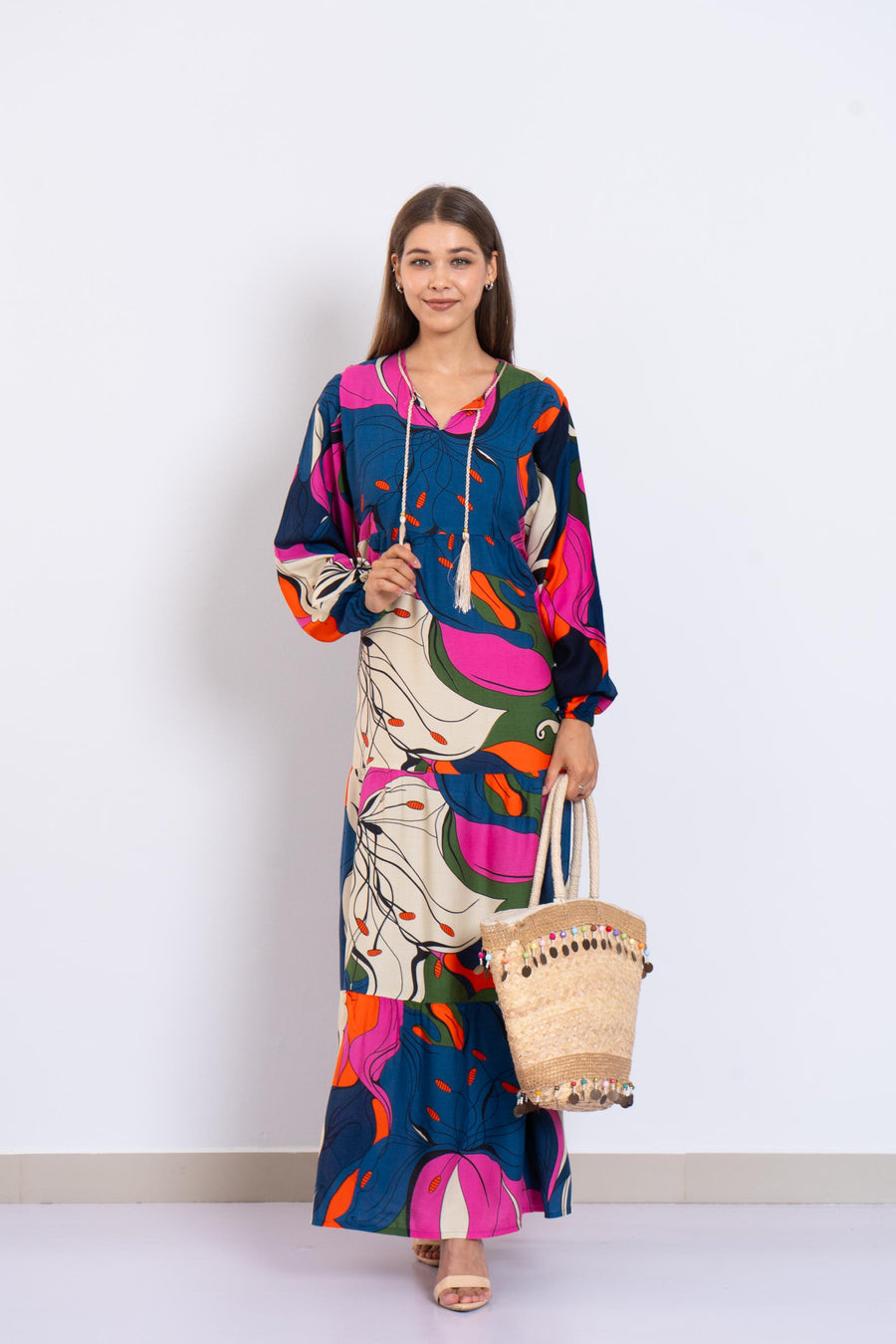 Colorful Abstract Floral Maxi Dress – Viscose Tiered Dress with Puffy Sleeves – Boho Resort Wear for Women – Flowy Summer Long Dress