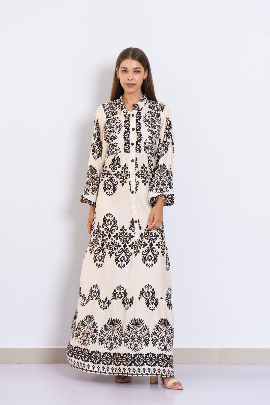 Black and Cream Viscose Maxi Dress – Baroque Print Button-Down Dress with Puffy Sleeves – Lightweight Boho Long Dress – Chic Resort Wear