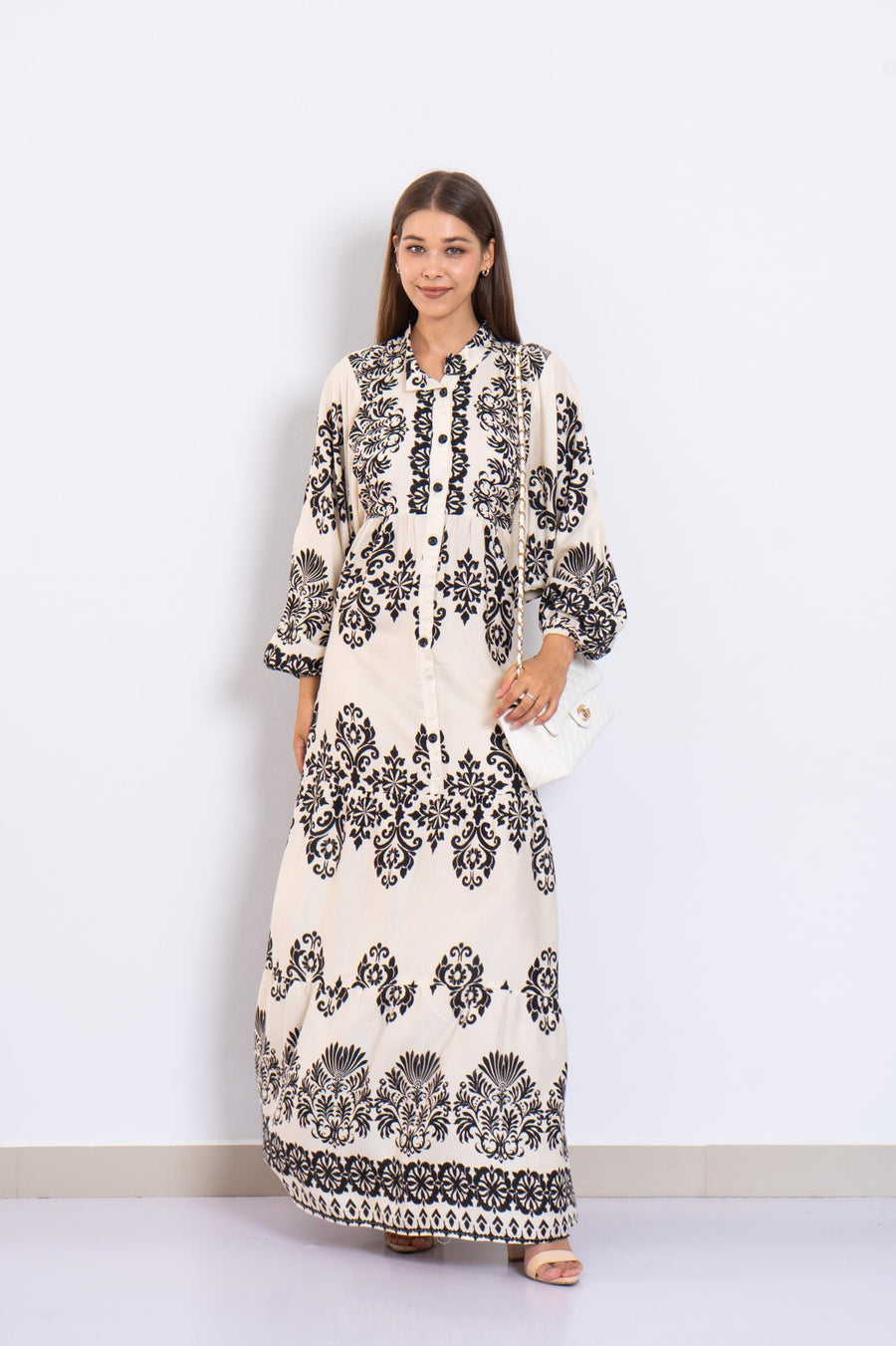 Black and Cream Viscose Maxi Dress – Baroque Print Button-Down Dress with Puffy Sleeves – Lightweight Boho Long Dress – Chic Resort Wear