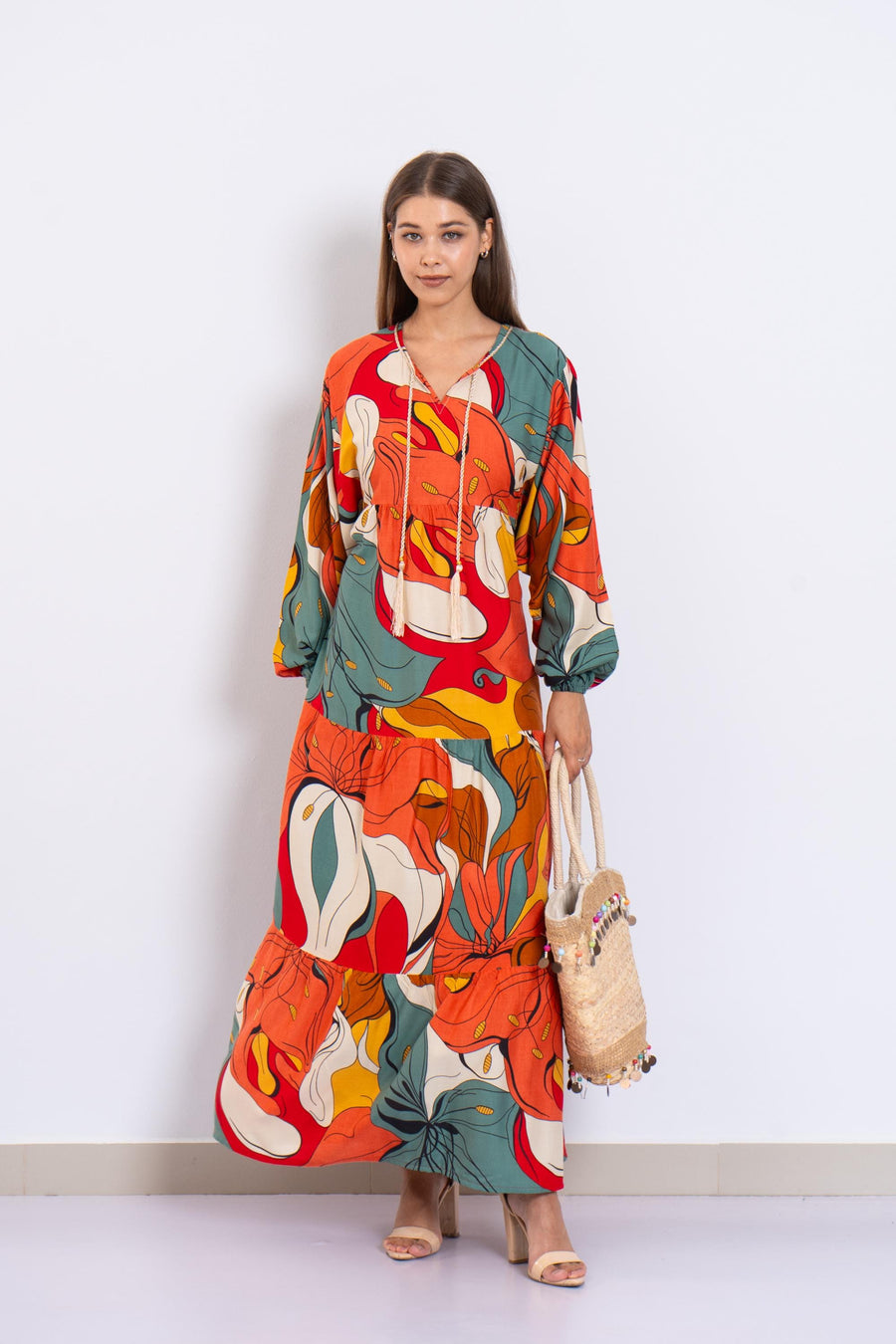 Colorful Abstract Floral Maxi Dress – Viscose Tiered Dress with Puffy Sleeves – Boho Resort Wear for Women – Flowy Summer Long Dress