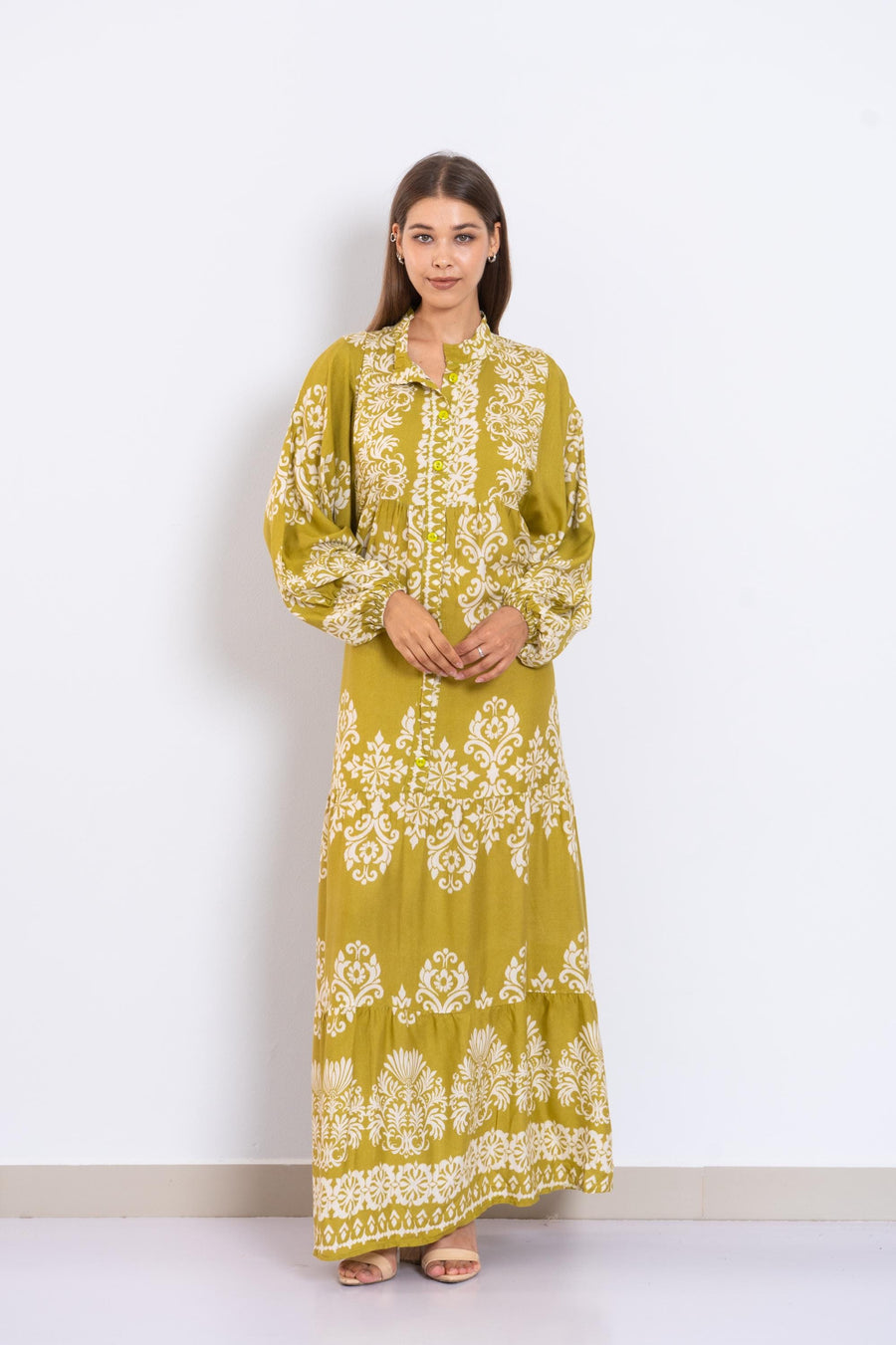 Mustard and White Viscose Maxi Dress – Baroque Print Long Dress with Buttons and Puffy Sleeves – Lightweight Summer Boho Outfit for Women