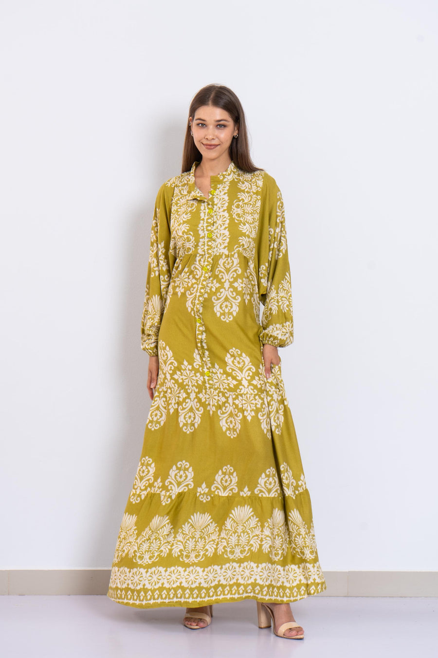 Mustard and White Viscose Maxi Dress – Baroque Print Long Dress with Buttons and Puffy Sleeves – Lightweight Summer Boho Outfit for Women