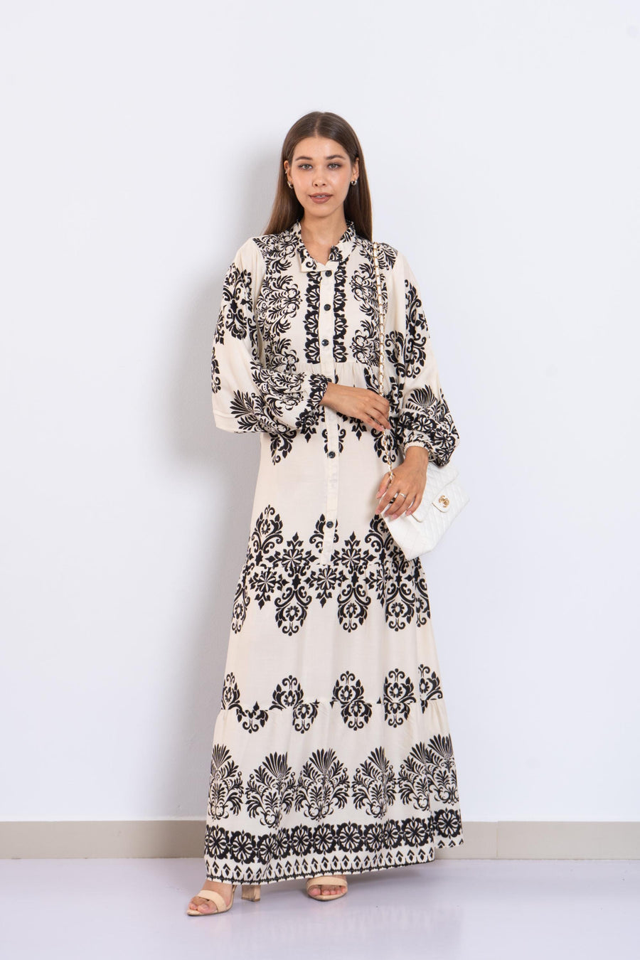 Black and Cream Viscose Maxi Dress – Baroque Print Button-Down Dress with Puffy Sleeves – Lightweight Boho Long Dress – Chic Resort Wear