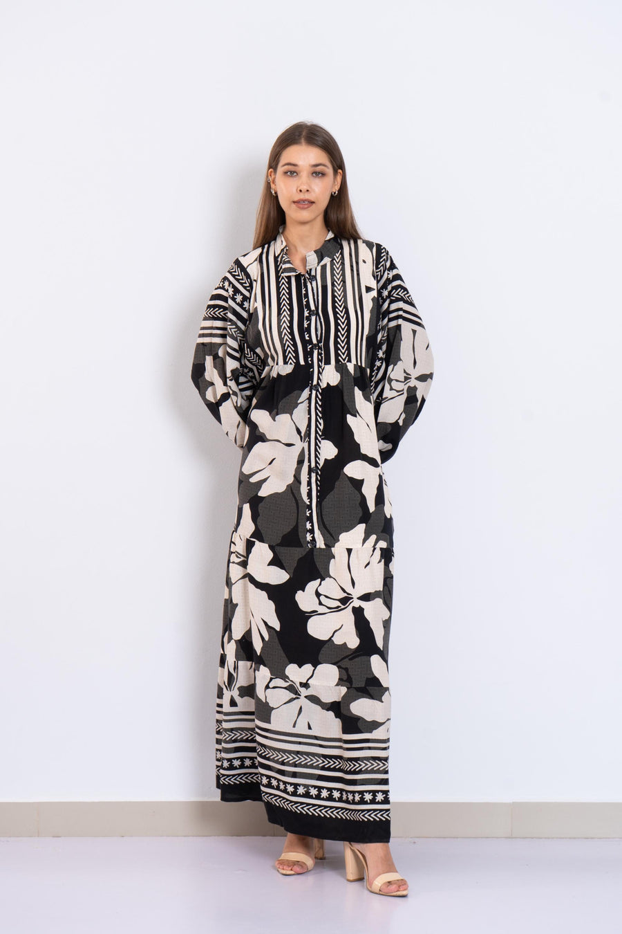 Black Floral Viscose Maxi Dress – Boho Summer Dress with Puffy Sleeves and Tribal Borders – Button-Down Resort Wear for Women